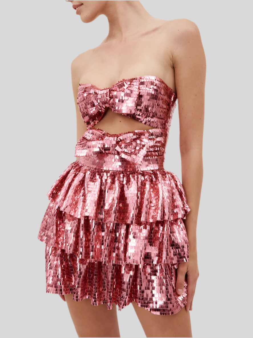 Glam Sequin Strapless Mini Dress with Bow Detailing