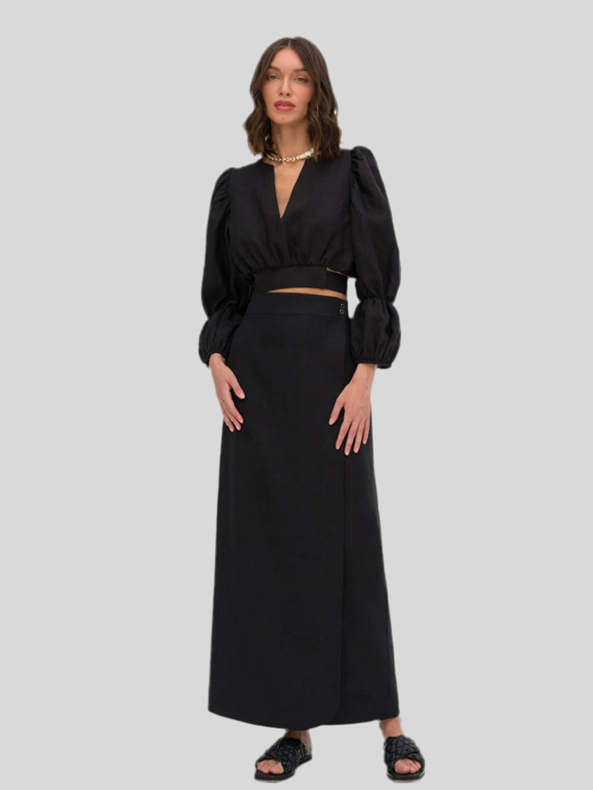 Elegant Puff-Sleeve Crop Top and Maxi Skirt Set