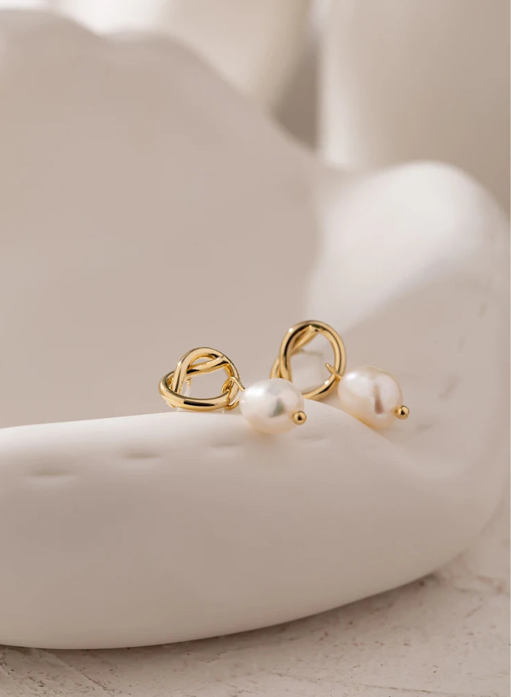 Gold Knot & Pearl Drop Earrings