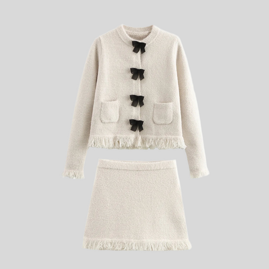 Elegant Bow Accent Fringed Jacket and Skirt Set