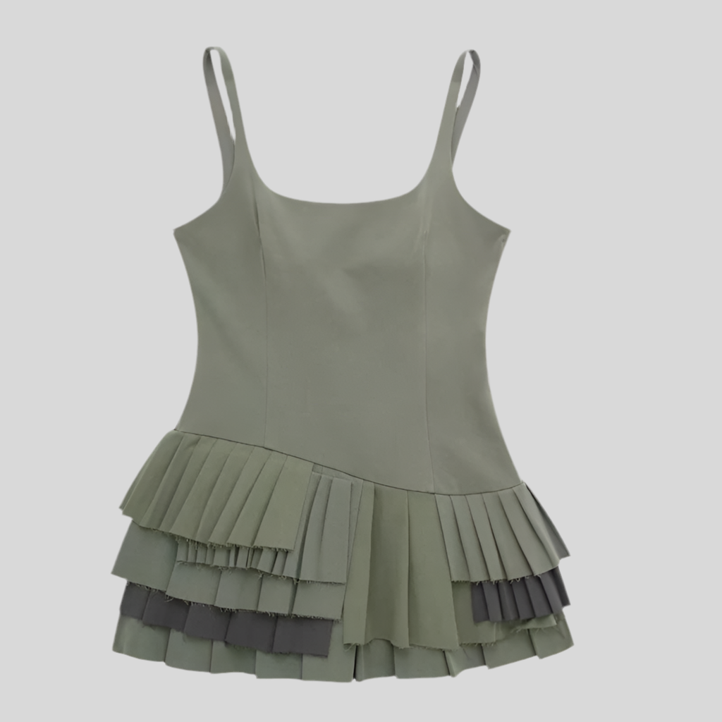 Layered Pleated Mini Dress – Olive Green