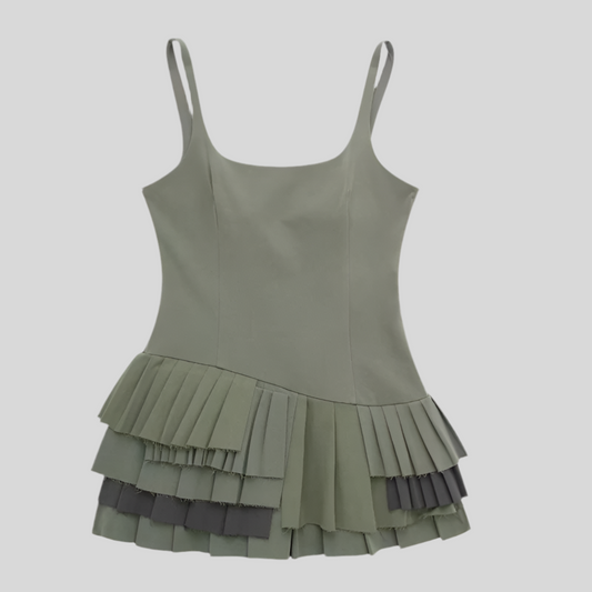 Layered Pleated Mini Dress – Olive Green