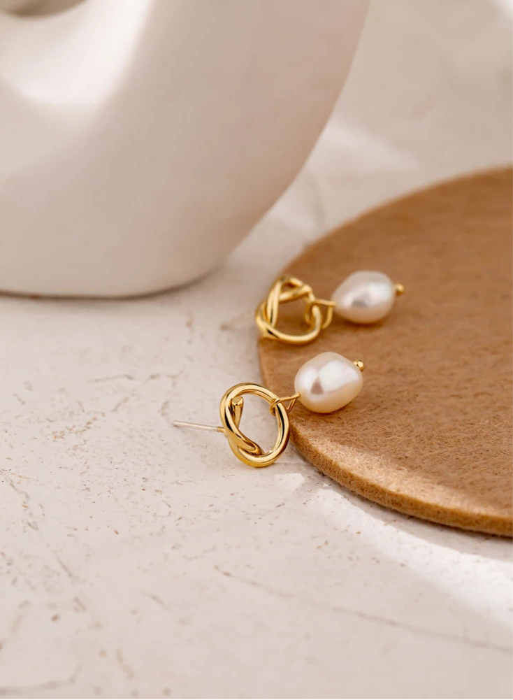 Gold Knot & Pearl Drop Earrings