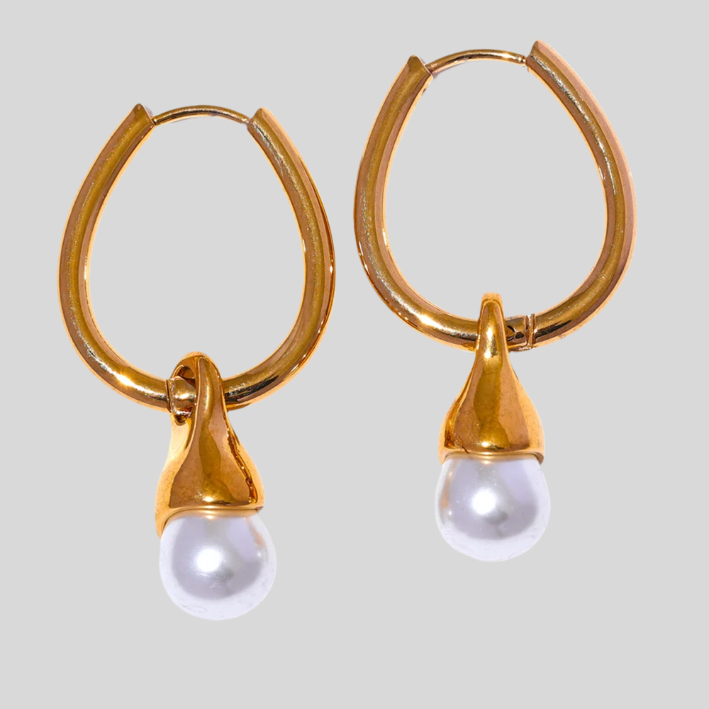 Classic Gold Pearl Drop Hoop Earrings