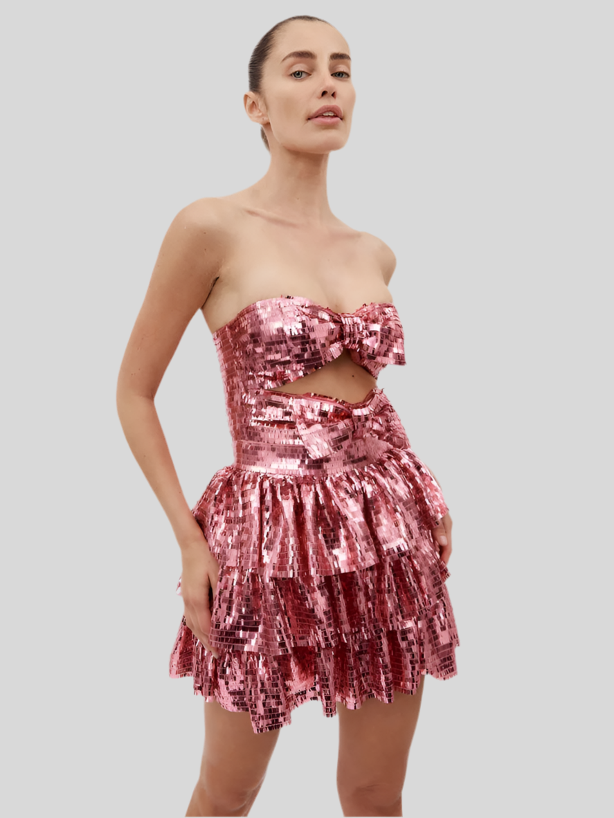 Glam Sequin Strapless Mini Dress with Bow Detailing