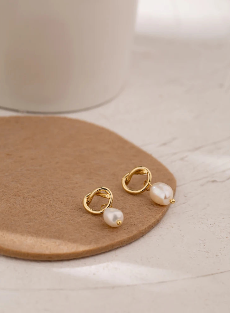 Gold Knot & Pearl Drop Earrings