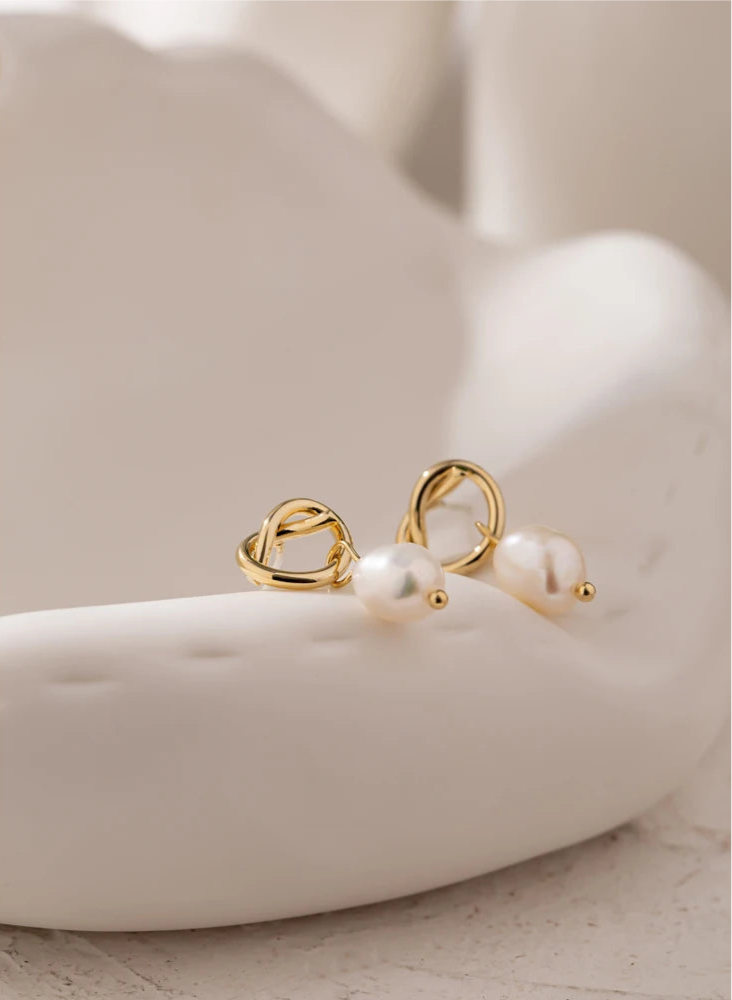 Gold Knot & Pearl Drop Earrings