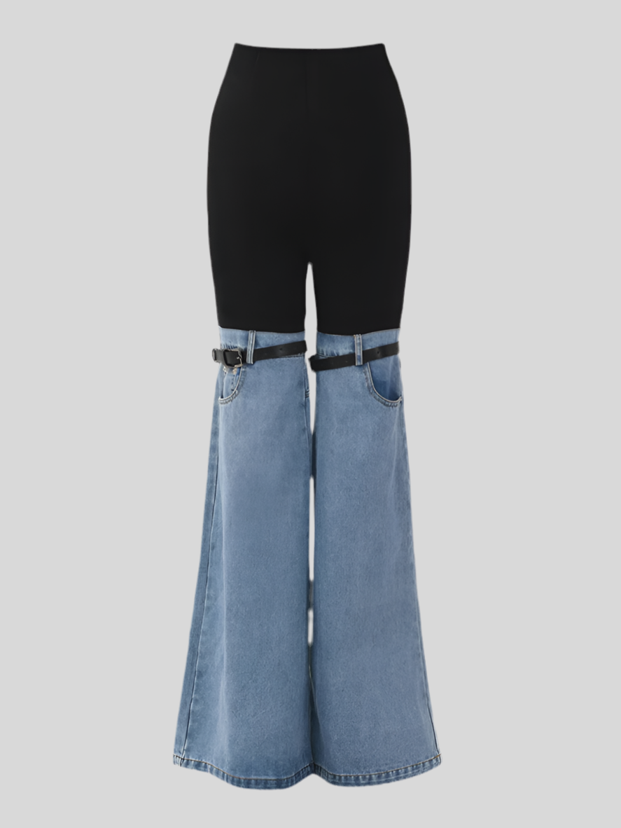 Two-Tone High-Waist Denim and Knit Flare Pants