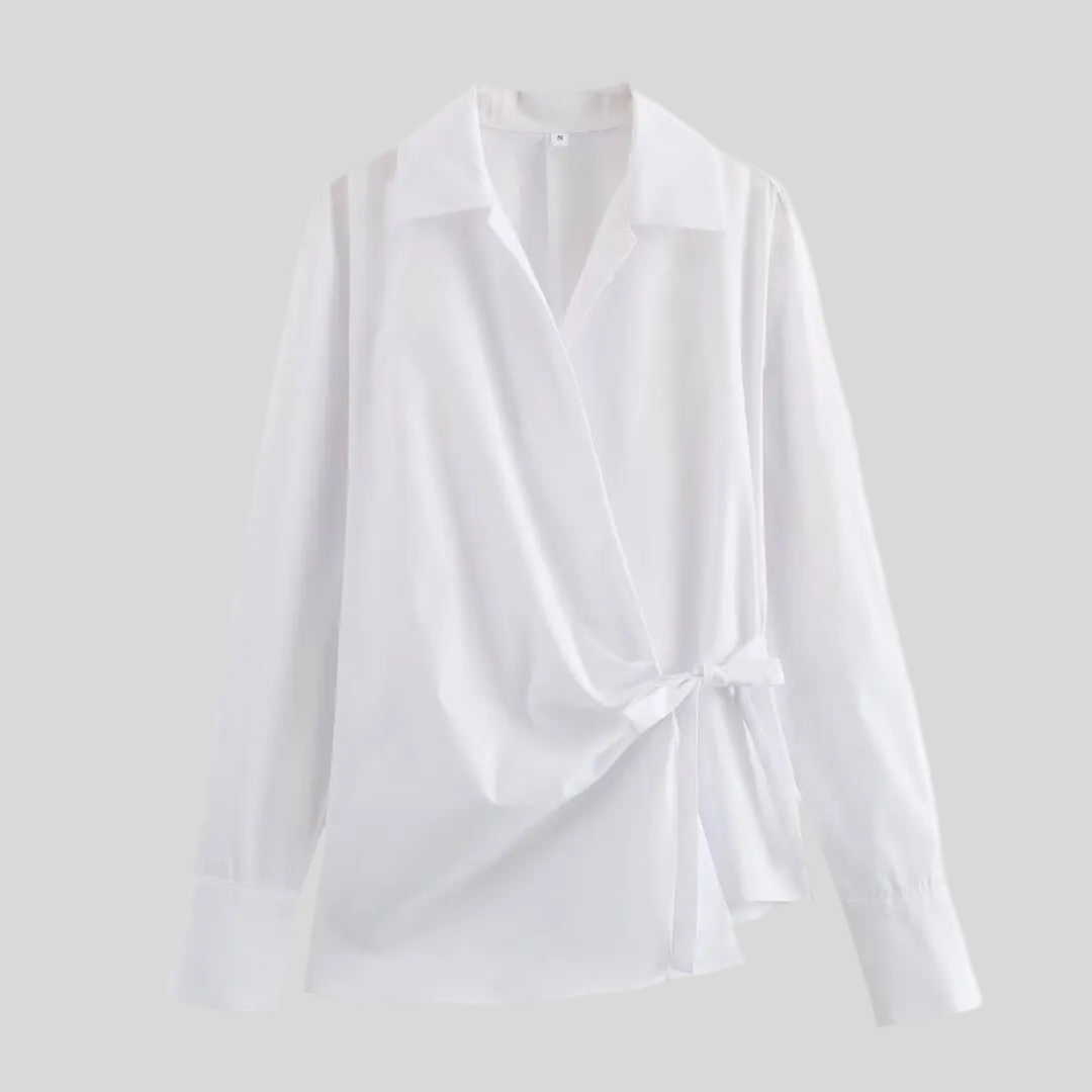 Wrap-Front White Blouse with Tie Detail