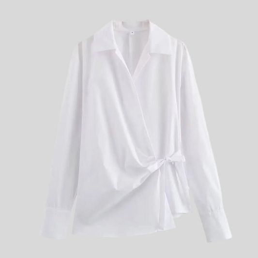 Wrap-Front White Blouse with Tie Detail