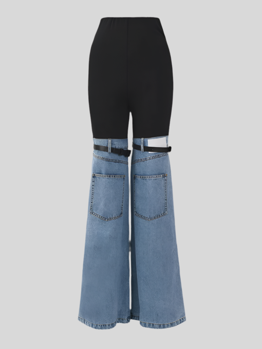 Two-Tone High-Waist Denim and Knit Flare Pants