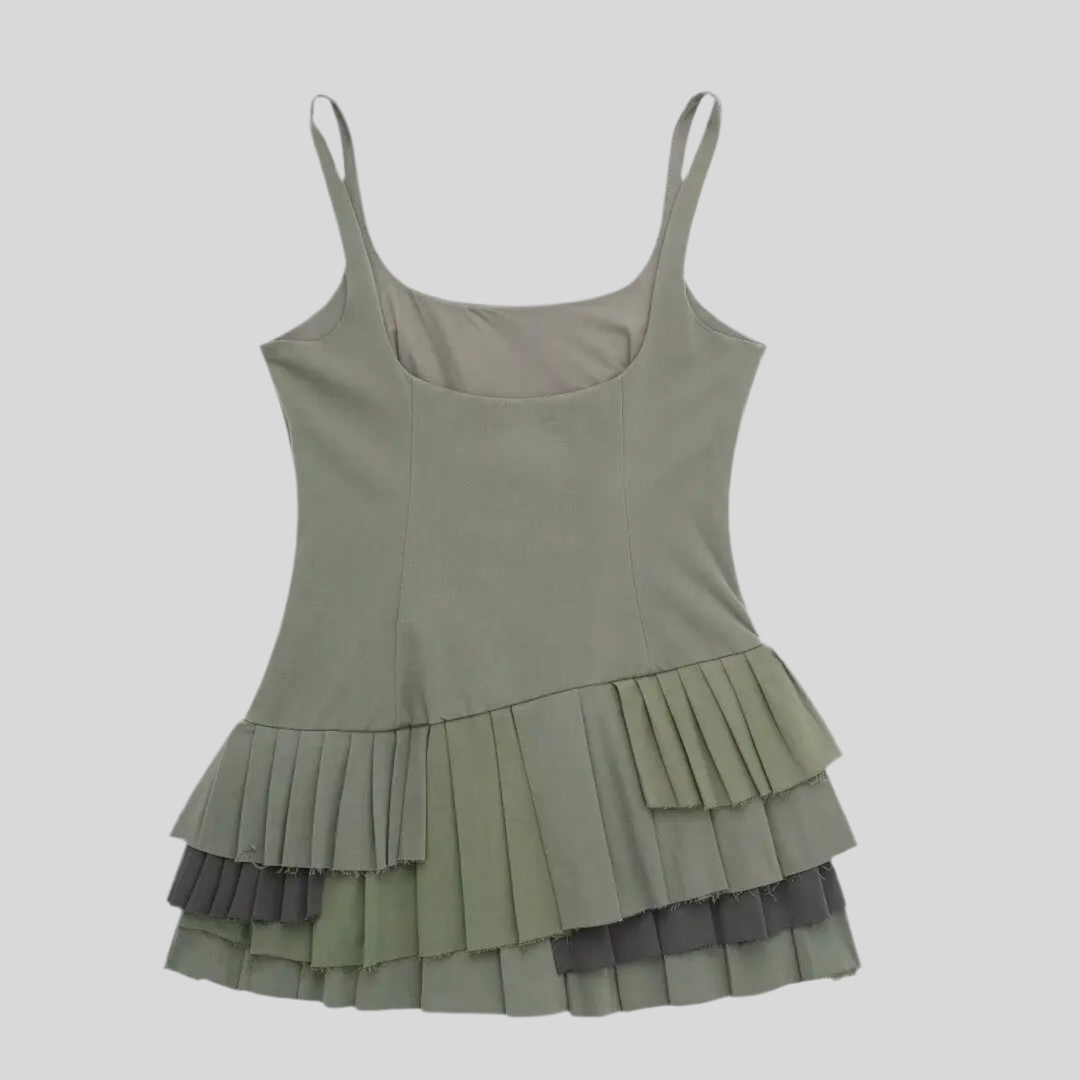 Layered Pleated Mini Dress – Olive Green