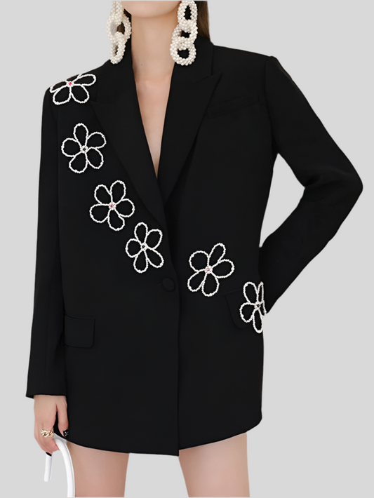 Statement Black Blazer with Pearl Floral Embellishments