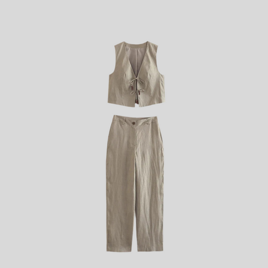 Two-Piece Linen Crop Top & Wide-Leg Trousers Set