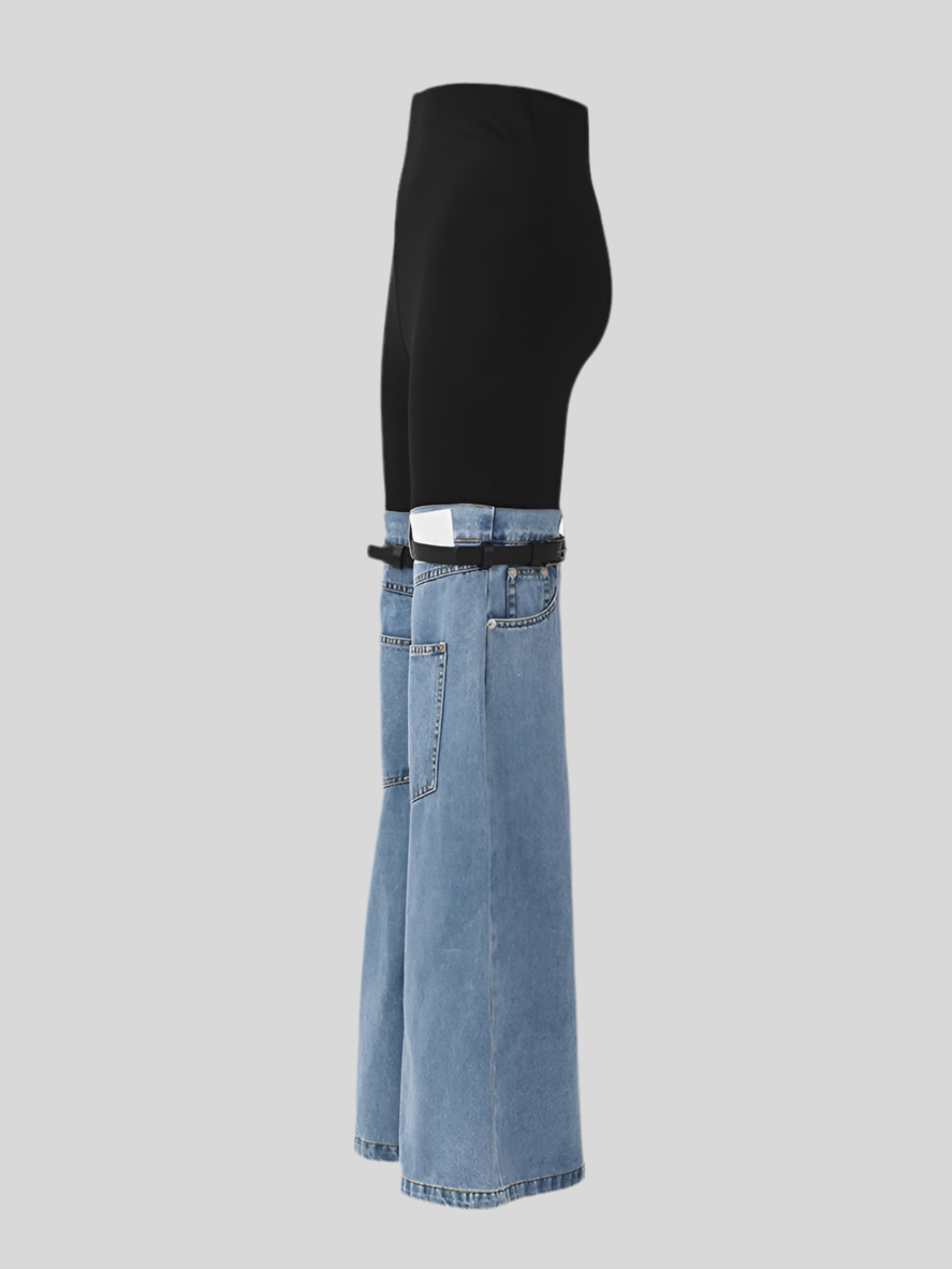 Two-Tone High-Waist Denim and Knit Flare Pants